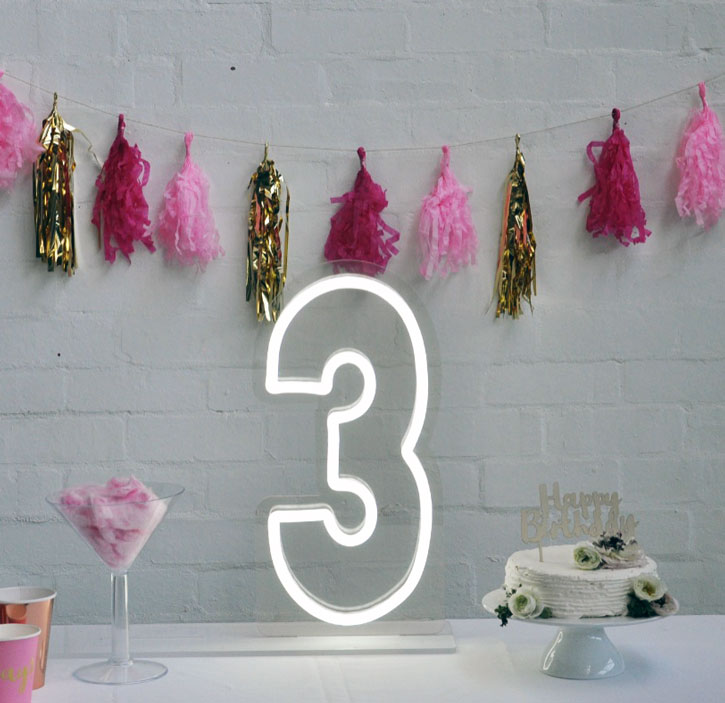 * 3 * Neon Number Sign for Birthday Parties, Anniversaries & Events
- photo from CustomNeon.com