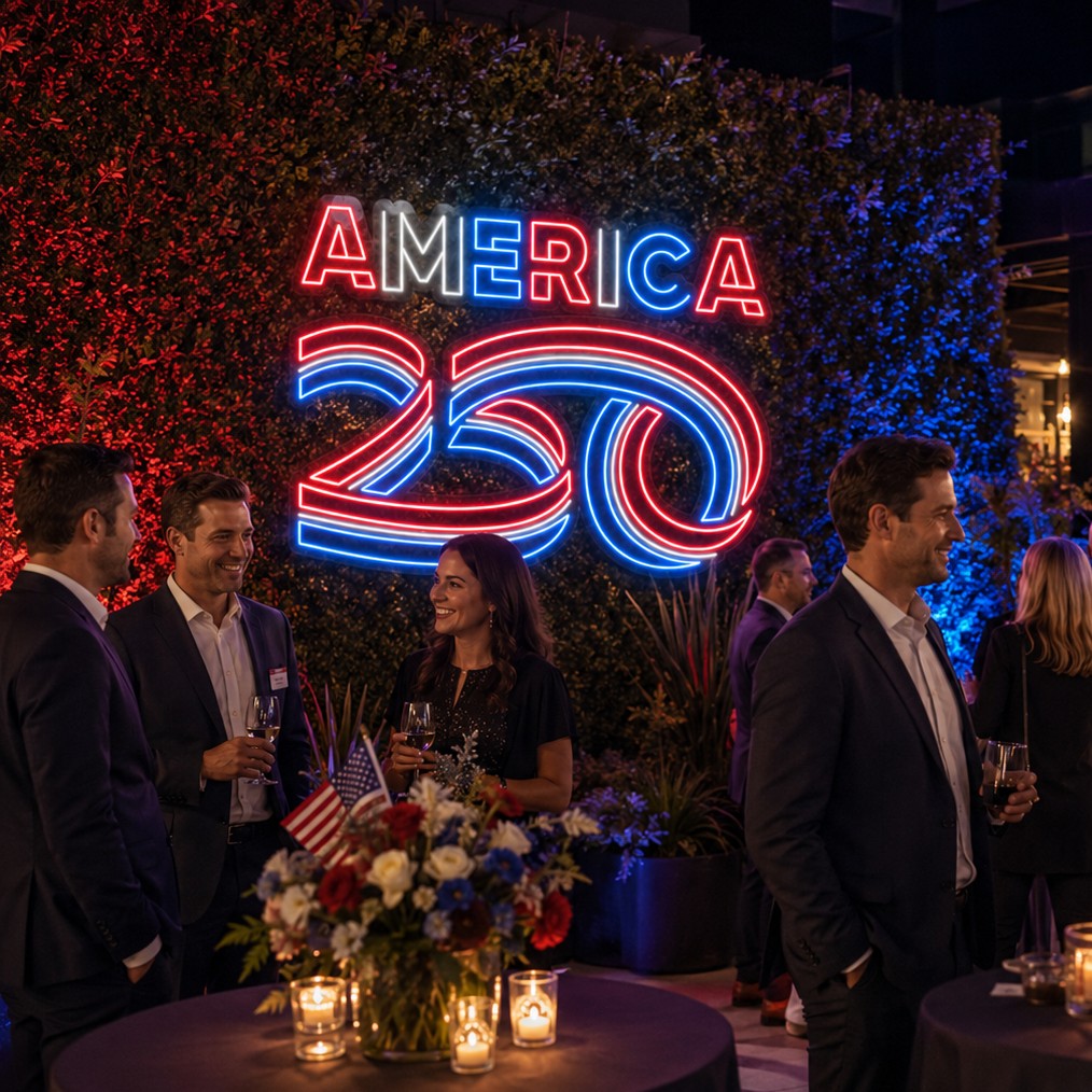 Red white and blue AMERICA 250 LED neon sign on a greenery wall backdrop at a Fourth of July event with party guests in the foreground