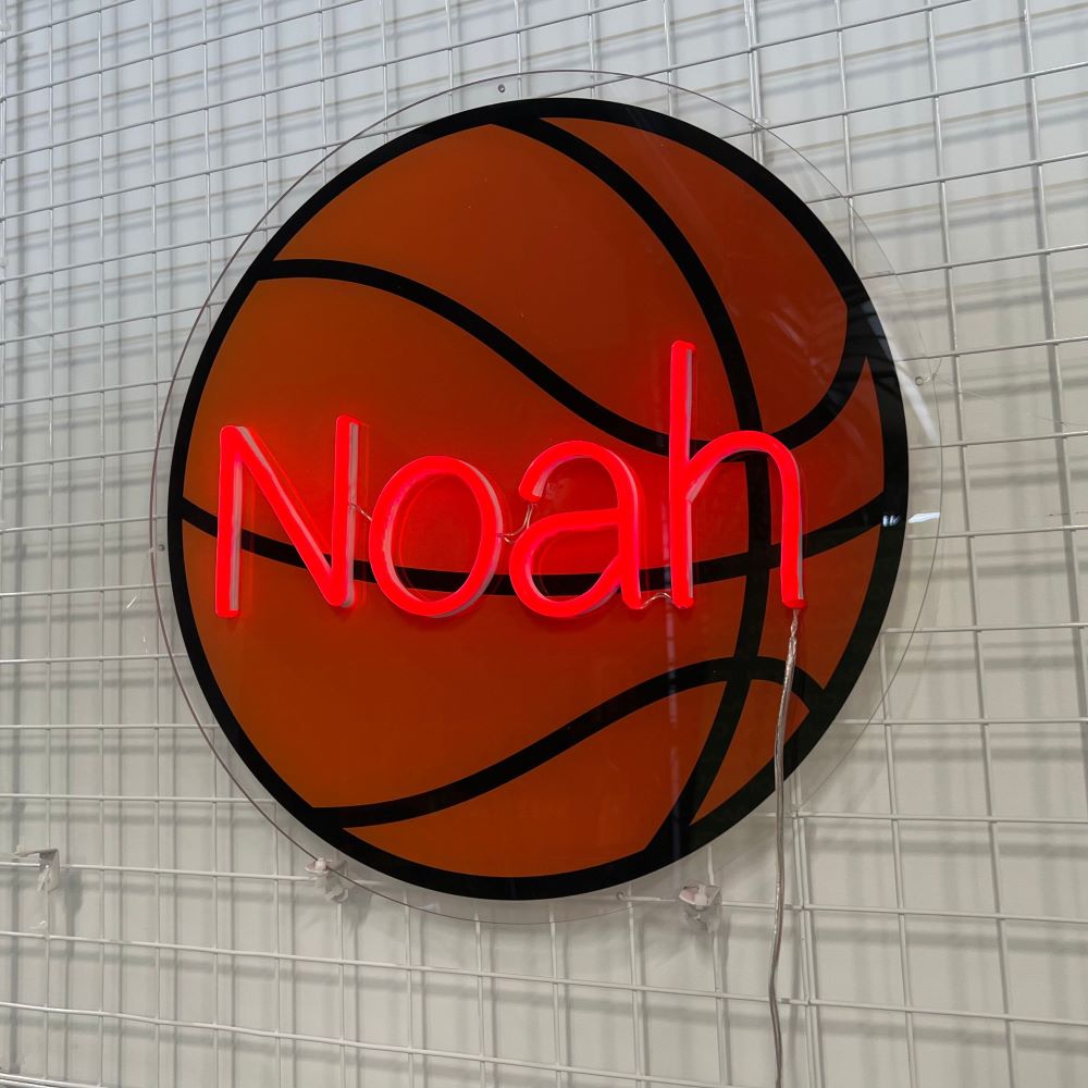 LED Neon Name Sign with a UV printed basketball background - personalized gift ideas from CustomNeon.com