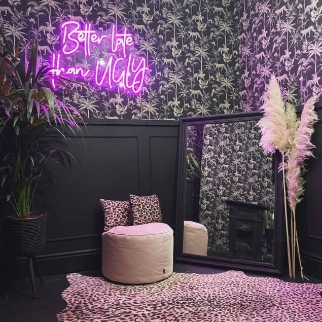 Better Late Than Ugly CUSTOM NEON® sign on salon wall @thelittlevictorianhouse
