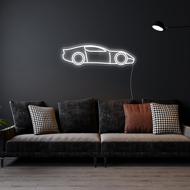 White Corvette CUSTOM NEON® Art shown on dark wall in a man cave