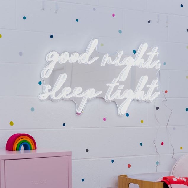 Good Night Sleep Tight white LED nightlight sign on silver mirrored backing wall mounted in a nursery by CUSTOM NEON®