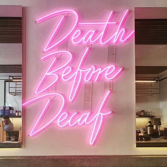 Death Before Decaf LED neon cafe sign @skullandrosecafe by Custom Neon