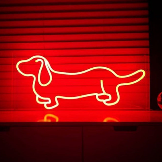 Dachshund LED Neon Art shown in red on a shelf - photo from CustomNeon.com