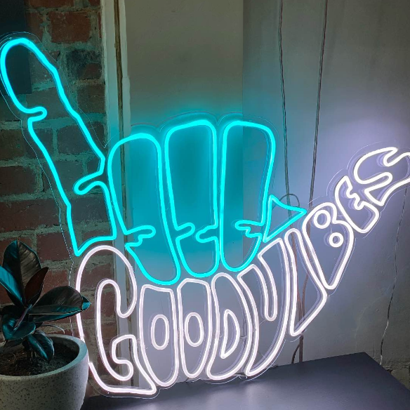 Good Vibes Shaka white and blue LED neon art - from Custom Neon