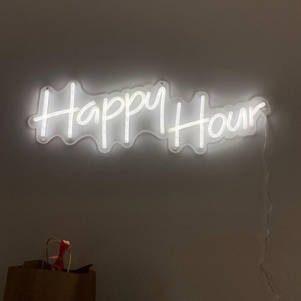 White Happy Hour lightup bar sign by Custom Neon®