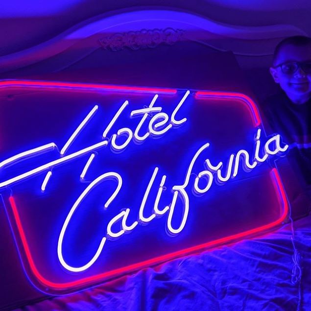 Hotel California retro LED neon artwork in red and blue - from Custom Neon