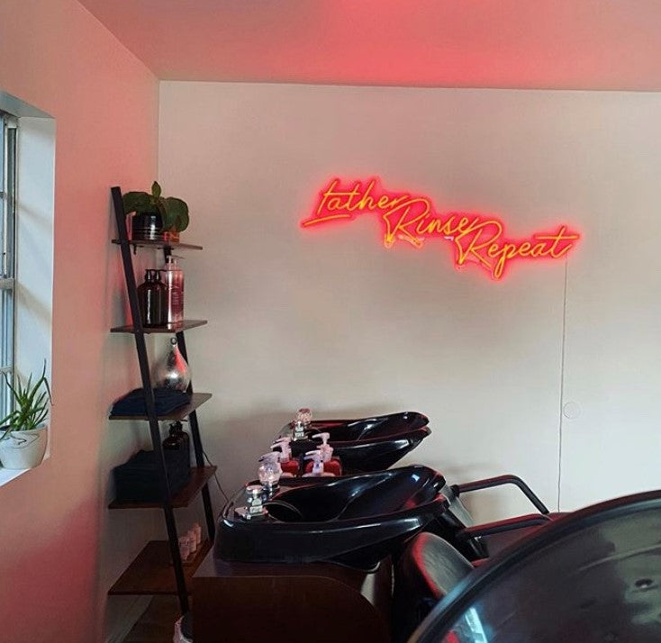 Lather Rinse Repeat red neon light in hair salon @roots_beautybar made by CUSTOM NEON®