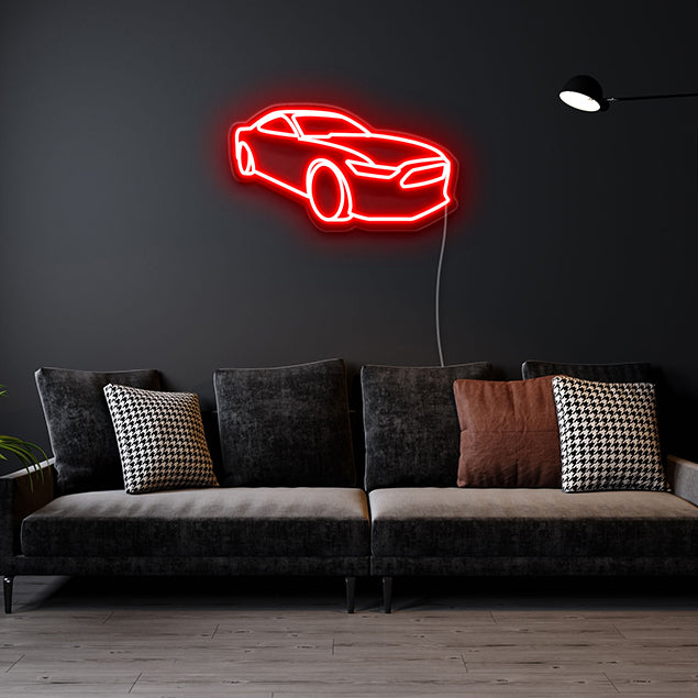 Mustang CUSTOM NEON® Classic Car Sign in red on dark wall above a couch