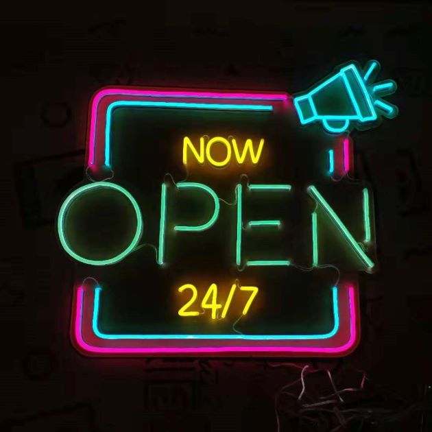 Now Open 24/7 LED neon sign in pink