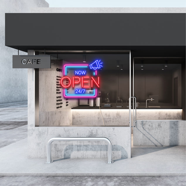 NOW OPEN 24/7 LED Neon Multi-Color Open Sign in Square Frame shown in a cafe window - from CustomNeon.com
