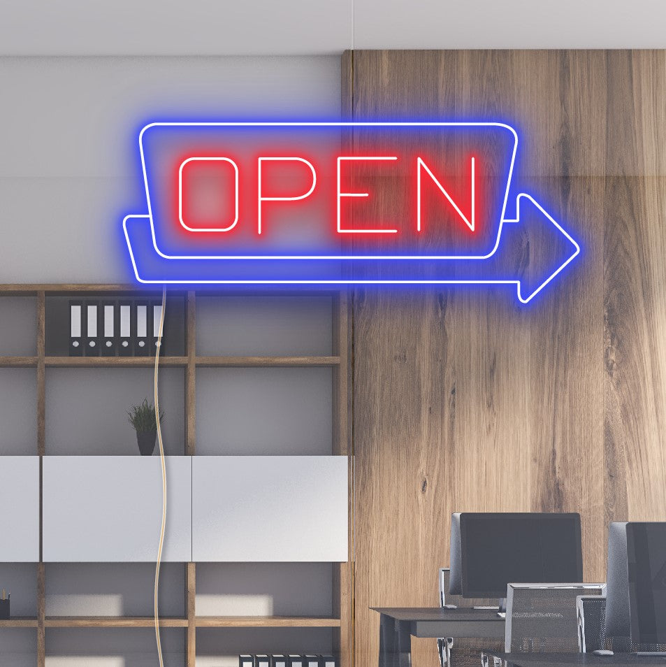 Light Up Open Sign with Arrow in Rectangular Frame shown close up on an office window - from CustomNeon.com