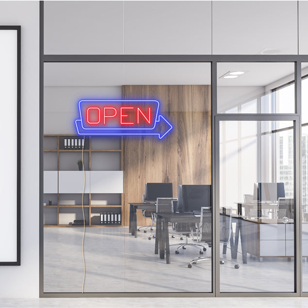 Light Up Open Sign with Arrow in Rectangular Frame shown on an office window - from CustomNeon.com
