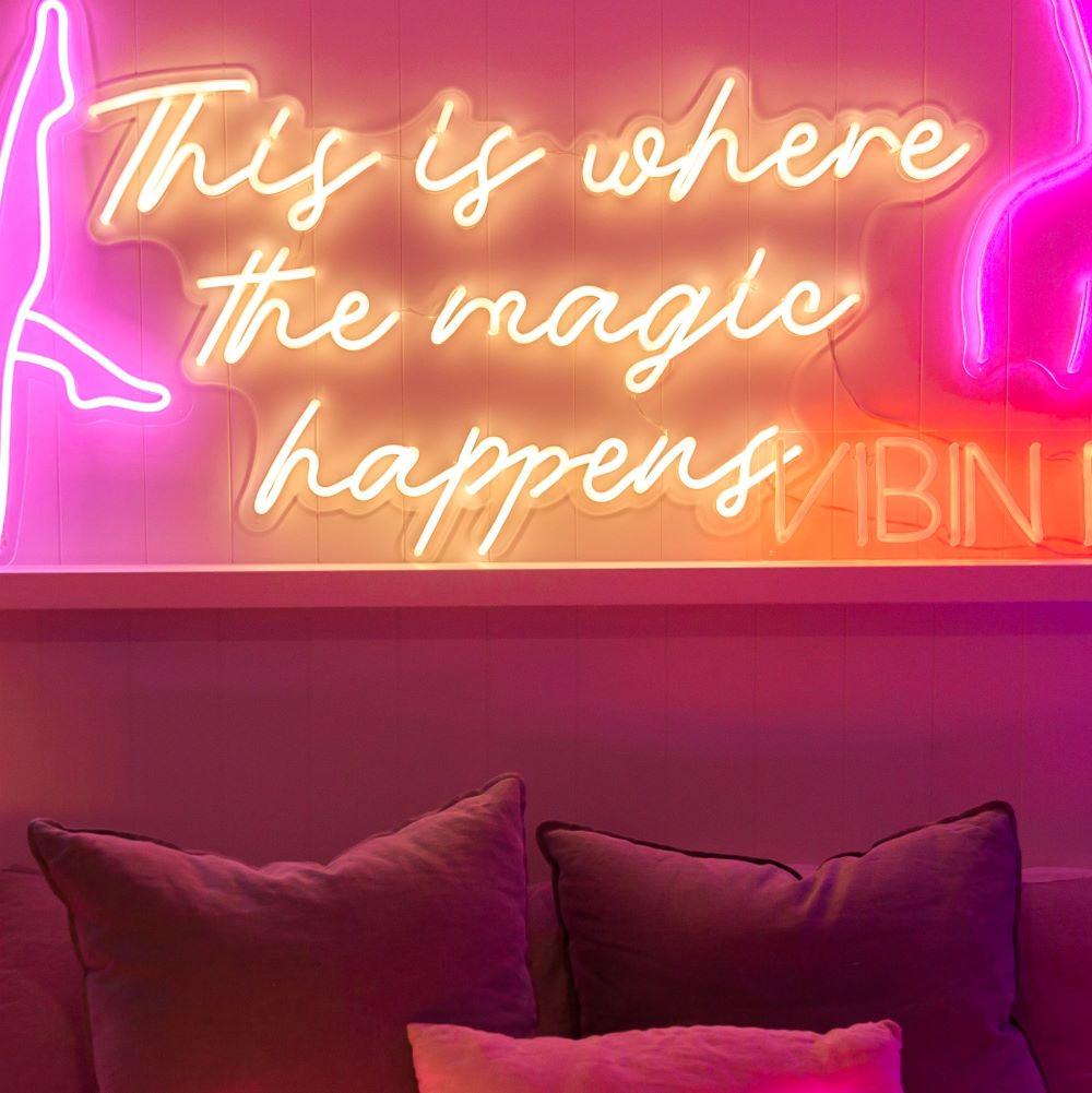 This is Where the Magic Happens warm white Custom Neon® bedroom sign