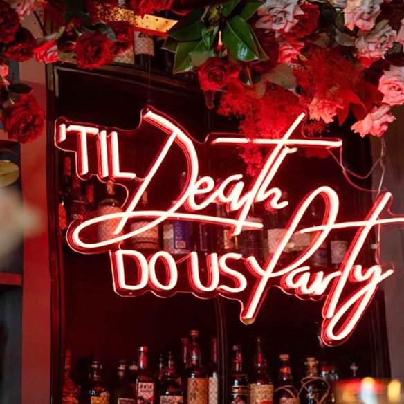 Til Death do us Party LED neon sign hung above the bar at a wedding - made by @CustomNeon for @weddingsatkittyhawk @cupidandcostudios
