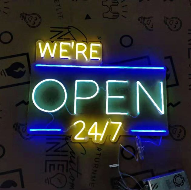 WE'RE OPEN 24/7 in brilliant yellow and red