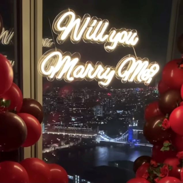 Will You Marry Me CUSTOM NEON® sign with balloons and Sydney Harbour bridge in the background @theproposers