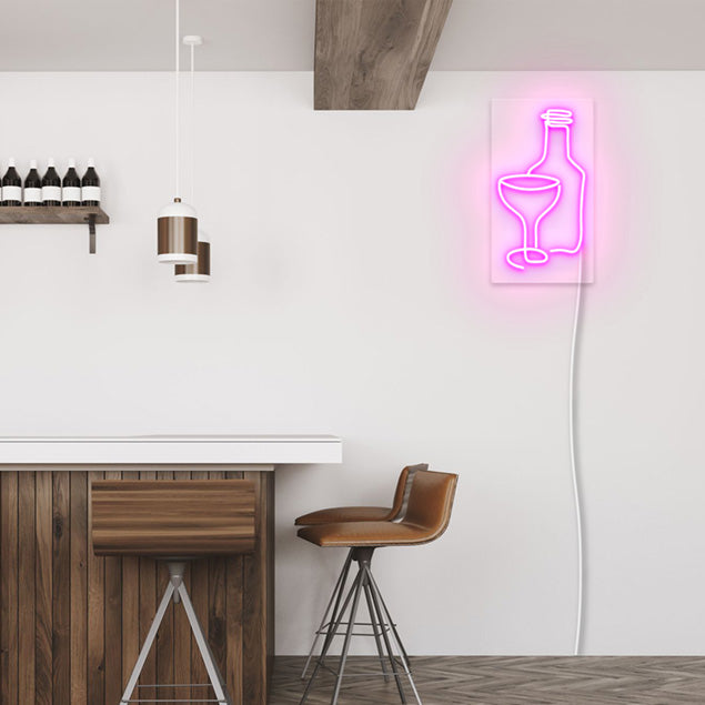Wine Glass & Bottle Line Art pre-designed light-up wall art from Custom Neon®
