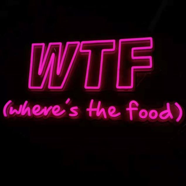 WTF (where's the food) faux neon sign in pink from Custom Neon