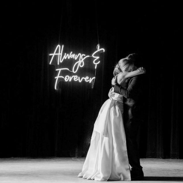 Always & Forever white neon light behind the bride & groom @elle.kayee wedding made by Custom Neon