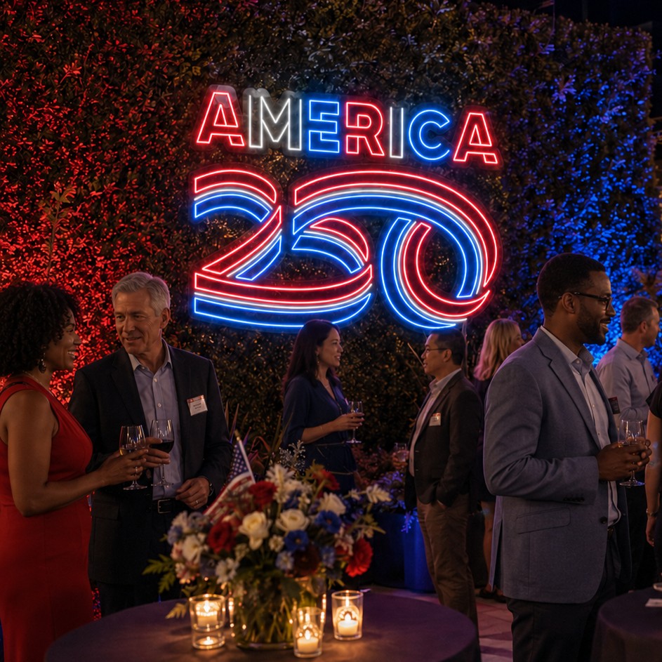 Red white and blue AMERICA 250 LED neon sign on a greenery wall backdrop at a Fourth of July event with party guests in the foreground