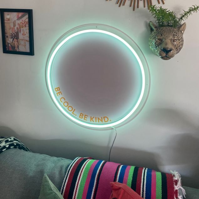 Be Cool Be Kind Mint Pink & Orange Neon Art shown turned on