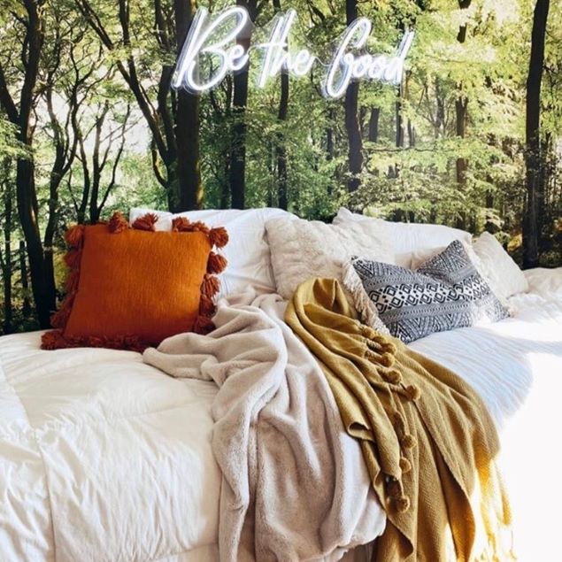 Be The Good white lightup sign on nature aesthetic wallpaper by CUSTOM NEON® @construction2style