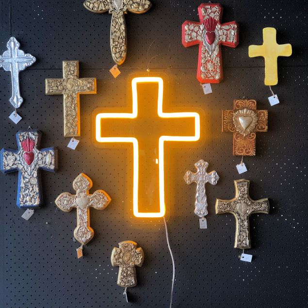 LED neon cross shown illuminated in yellow