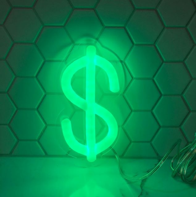 $ Dollar Sign Green Neon Light for Sale! Cool LED neon sign shown against tile background. Wall mount or use as table lamp. - photo from Custom Neon