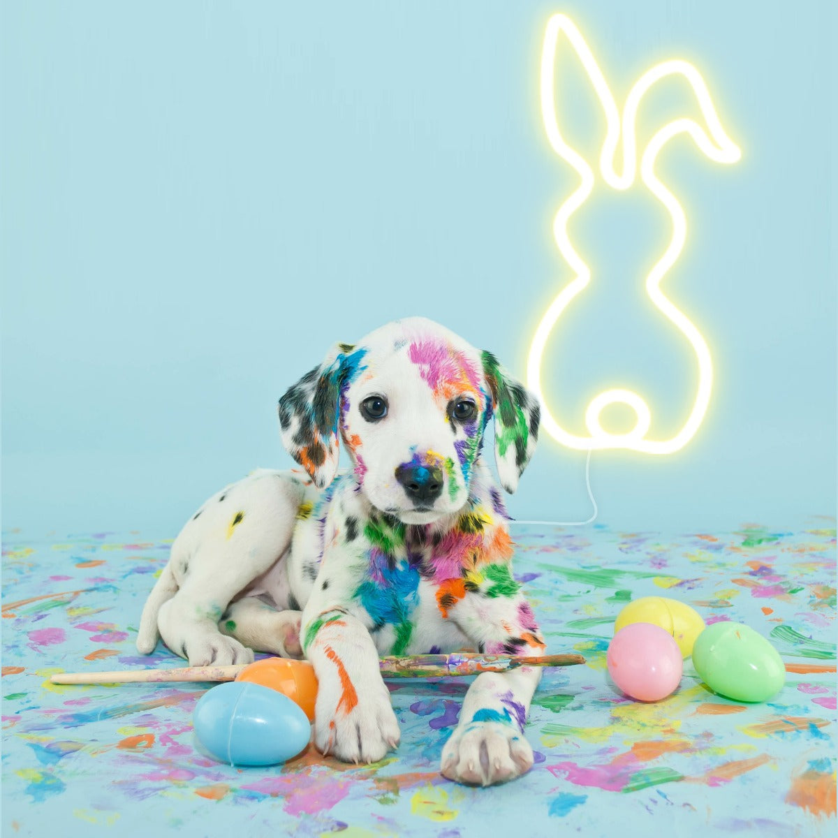 Custom Neon® LED line art drawing of a bunny in warn white shown with Easter Eggs and a dalmatian puppy