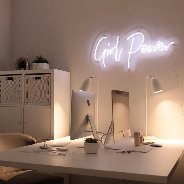 White Girl Power word sign by Custom Neon® - styling @insidestudiocouk,Custom Neon® white Girl Power sign wall mounted above a desk - styling @insidestudiocouk