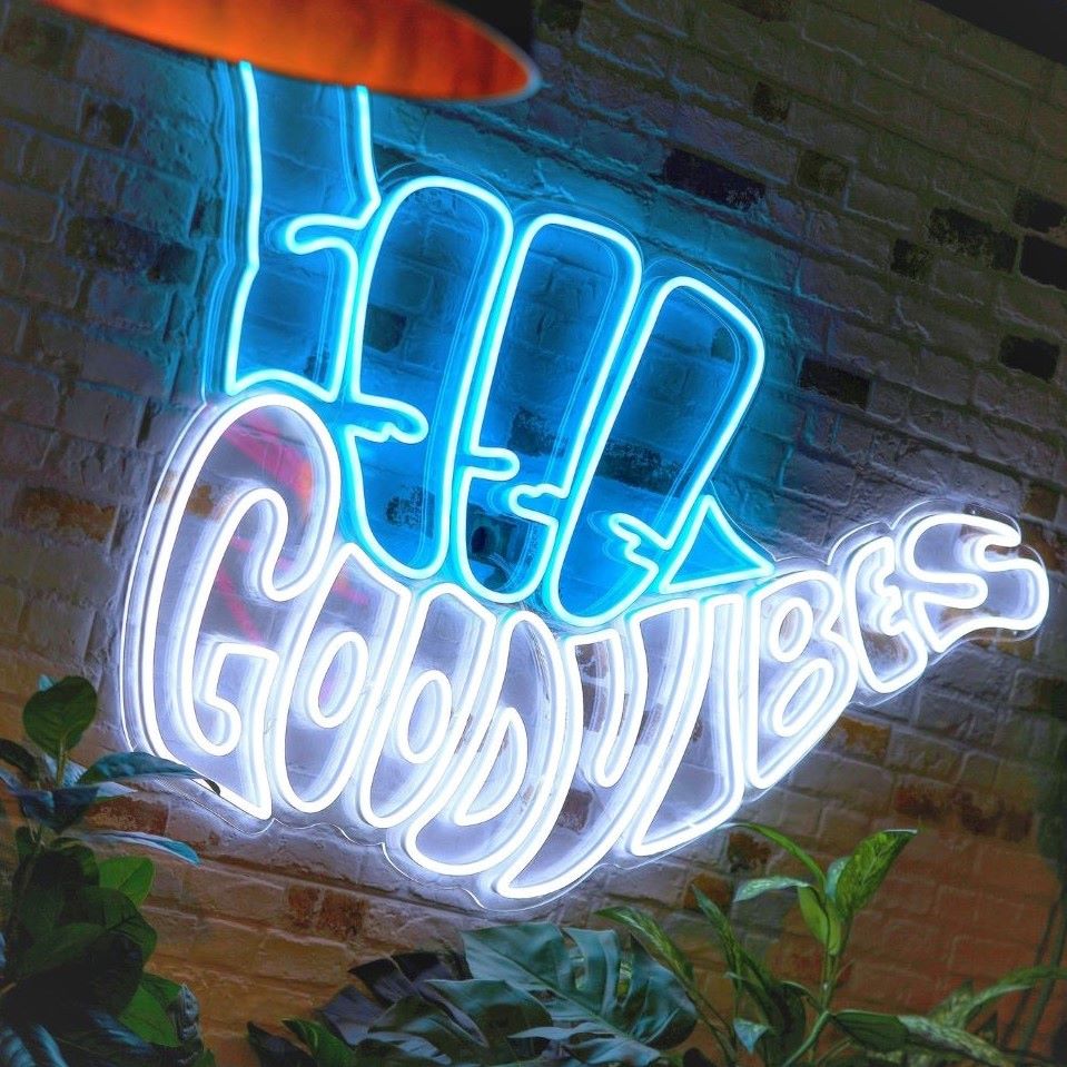 Good Vibes Shaka white and blue LED neon art - from Custom Neon
