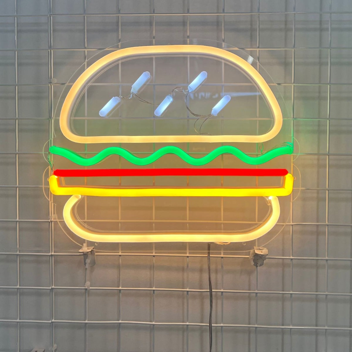 Custom Neon® LED neon Hamburger sign attached to a wire frame