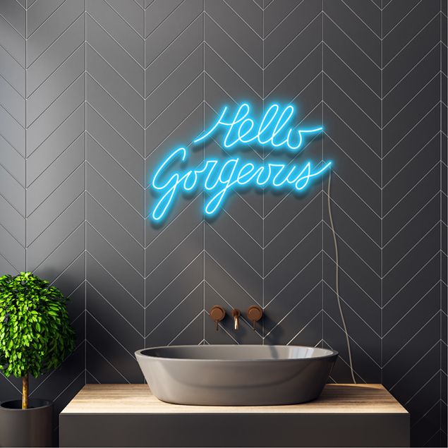 Hello Gorgeous faux neon in blue shown above a sink - from Custom Neon