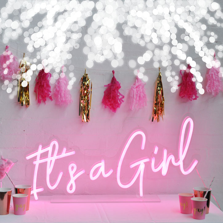 It's a Girl Pink Neon Sign for Welcome Baby / Sip & See Parties - photos from CustomNeon.com