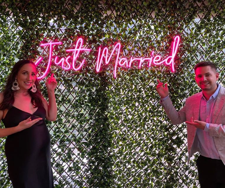 Just Married LED neon light on a wedding photo backdrop - from Custom Neon™