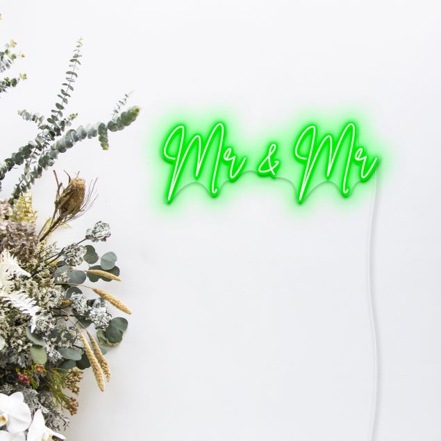 Mr & Mr CUSTOM NEON® LGBTQ+ Wedding Sign in dark green on white wall