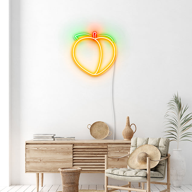 Multi-colored Peach Emoji 
 pre-designed light-up wall art from Custom Neon®