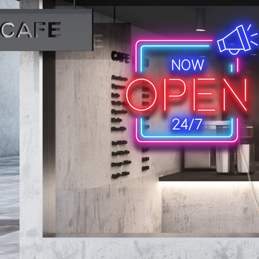 NOW OPEN 24/7 LED Neon Multi-Color Open Sign in Square Frame shown closeup in a cafe window - from CustomNeon.com