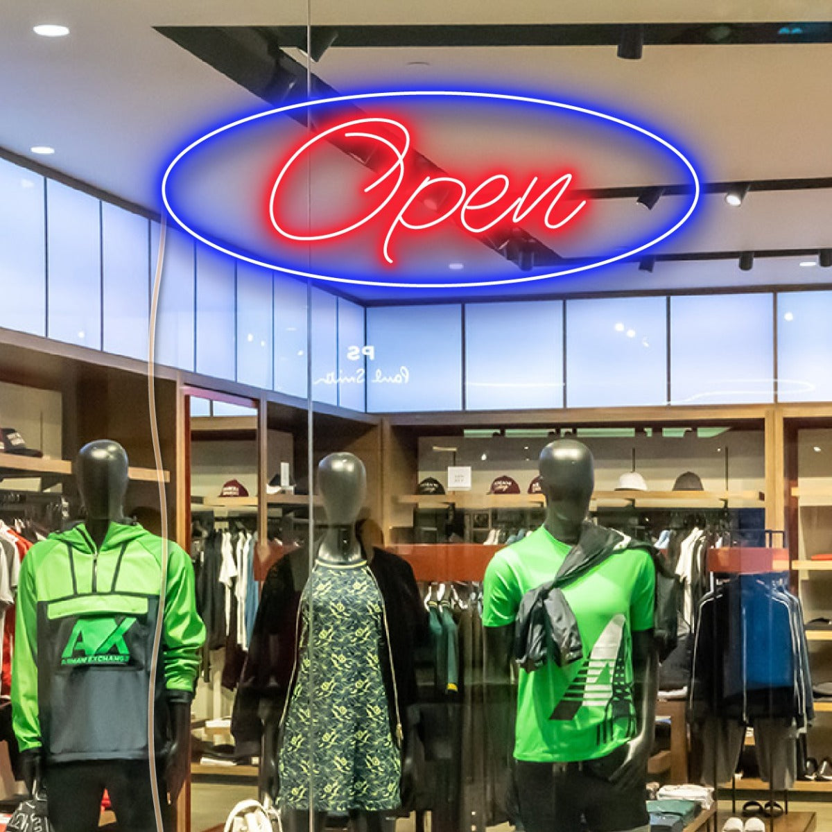 Two color LED neon open sign using the Alexa font shown close up in clothing store window - from CustomNeon.com