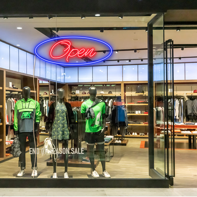 Two color LED neon open sign using the Alexa font shown in clothing store window - from CustomNeon.com