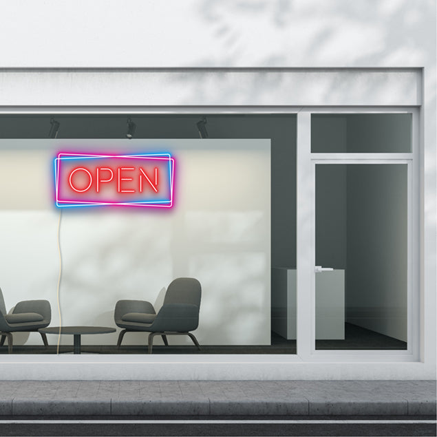  offset by a rectangular double outline in brilliant pink and blue - from CustomNeon.com