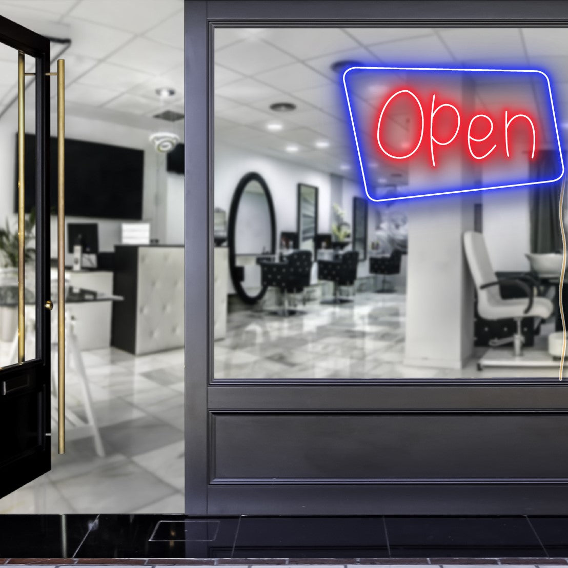 Neon look LED shop open sign in blue and red with an asymmetric outline shown in a hair salon window - from CustomNeon.com