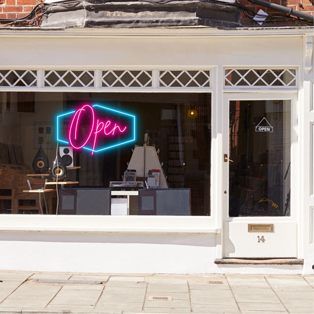 LED neon flex open sign shown in a shop window - from CustomNeon.com