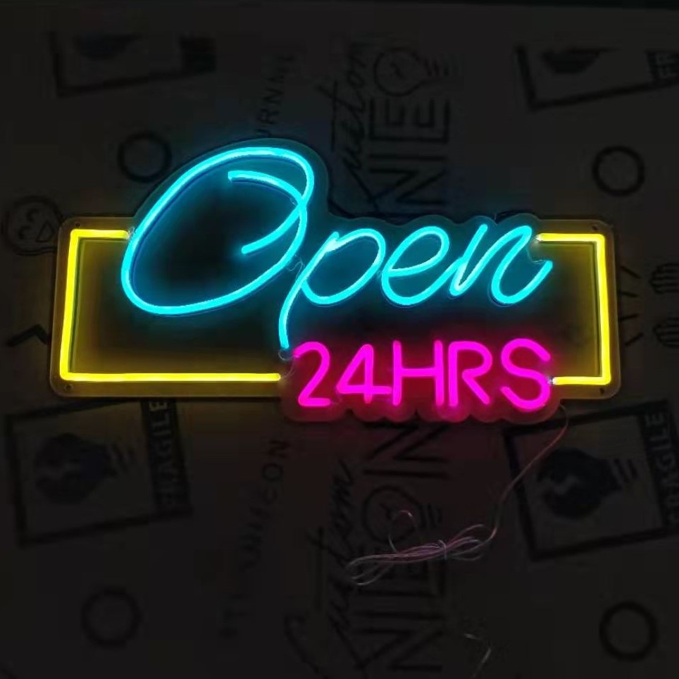 Open 24HRS Neon Light in yellow, blue and pink - from CustomNeon.com
