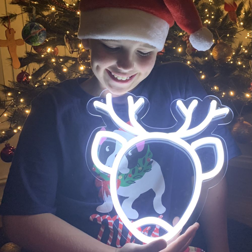  Happy Holidays & Modern LED Neon Xmas Tree held by children in front of a Nativity scene