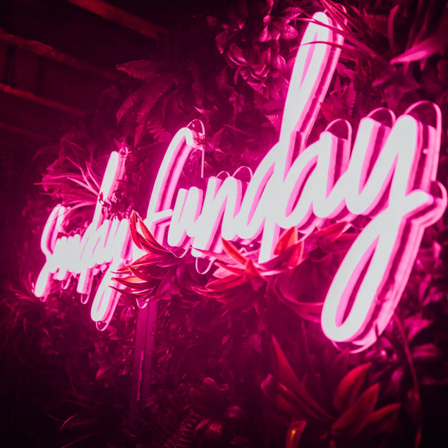 Sunday Funday neon light shown in pink displayed on a green wall - from Custom Neon®