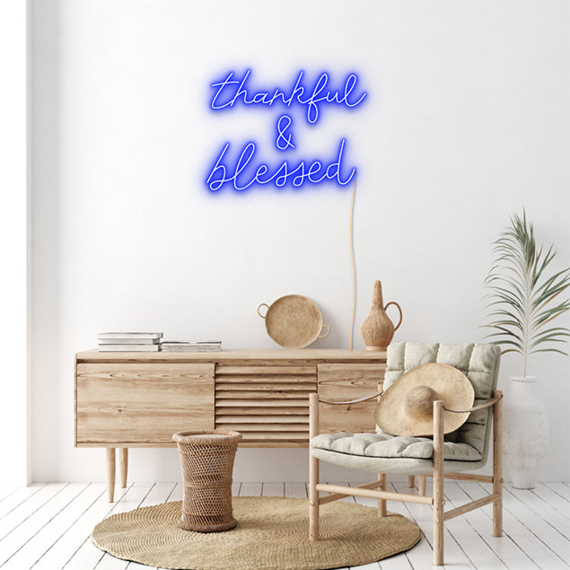 Thankful & Blessed blue neon flex wall sign shown as home decor - from Custom Neon
