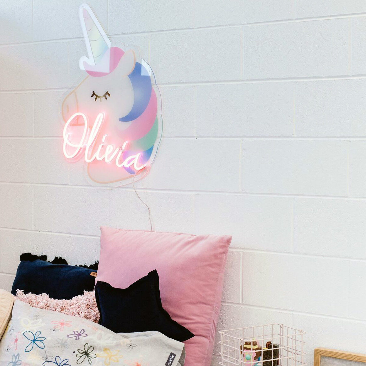 Personalized name sign with a unicorn background from CustomNeon.com